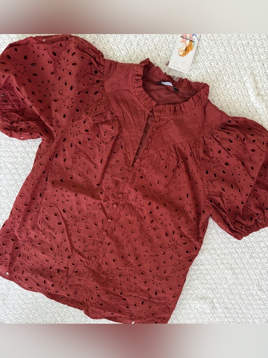 PrettyGarden Tops - NWT Coral Rust Eyelet Top Pretty Garden Puff Sleeve Ruffled Trim Coquette Boho M